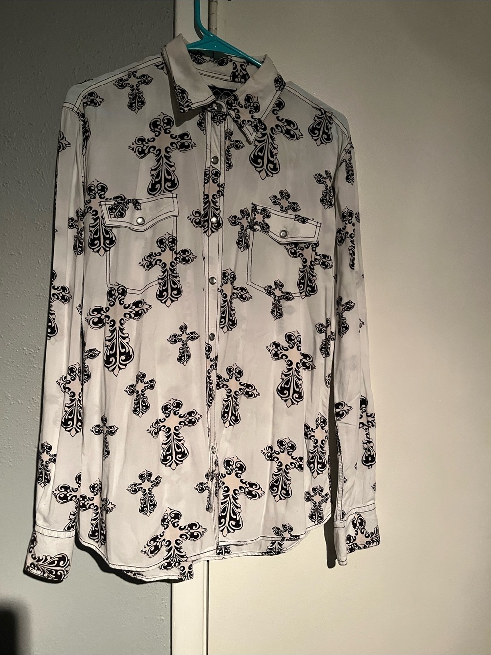 Women's White Button-Down Shirt with Black Cross Print